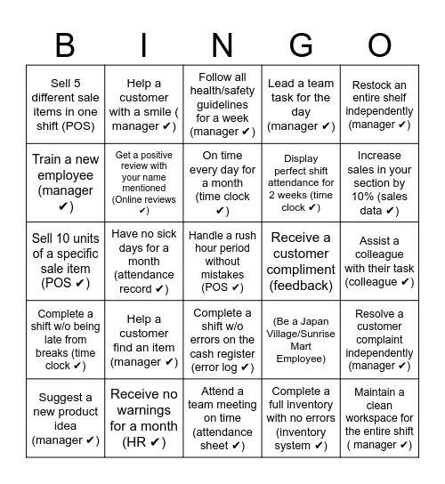 Japan Village Sunrise Mart Employee Bingo Card