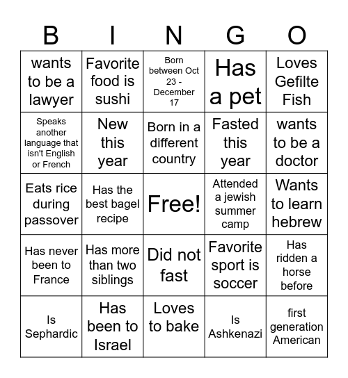 JCC Bingo! Bingo Card