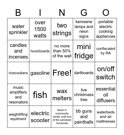 Prohibited Items Bingo Card