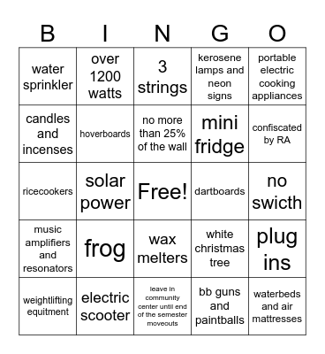 Prohibited Items Bingo Card