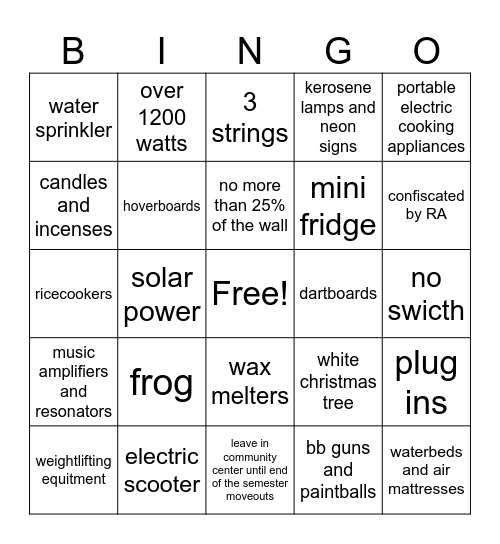 Prohibited Items Bingo Card