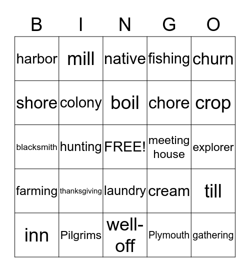 Colonial Bingo Card