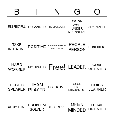 Positive Work Skills Bingo Card