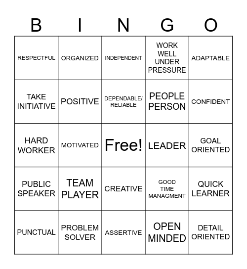 Positive Work Skills Bingo Card