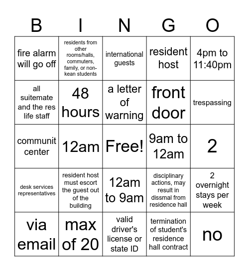 Guest Policies and Procedures Bingo Card