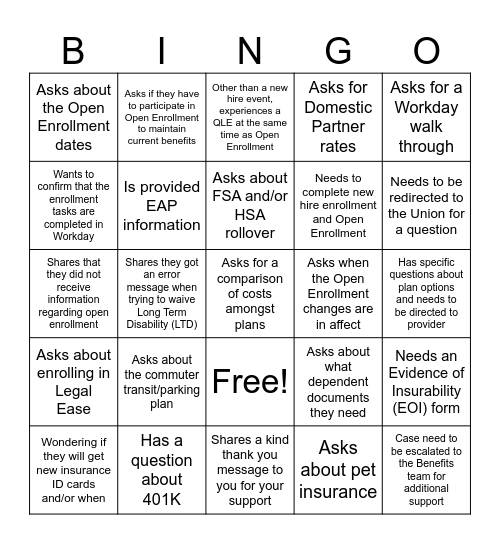 Open Enrollment 2024 Bingo Card