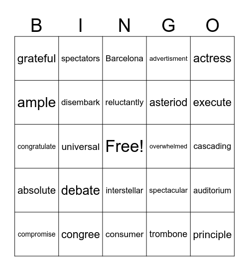 3 Syllable Bingo Card