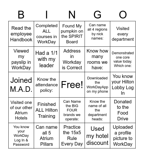 Orientation Bingo Card