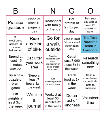 Total Rewards Wellness Bingo Card