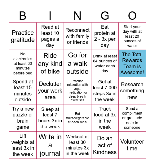 Total Rewards Wellness Bingo Card