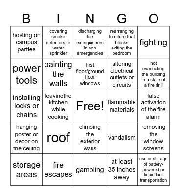 Prohibited Activities and Dangerous Practices Bingo Card