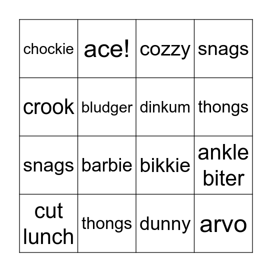 Aussie Bingo Card