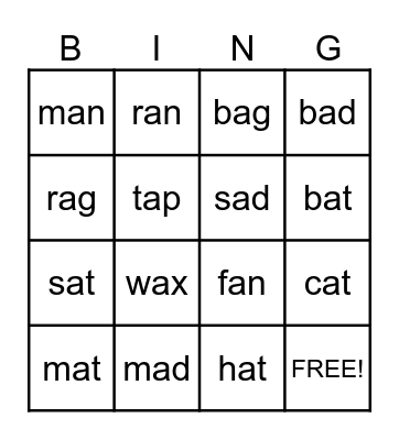 Short a Bingo Card