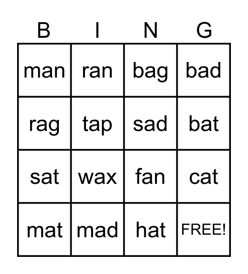 Short a Bingo Card