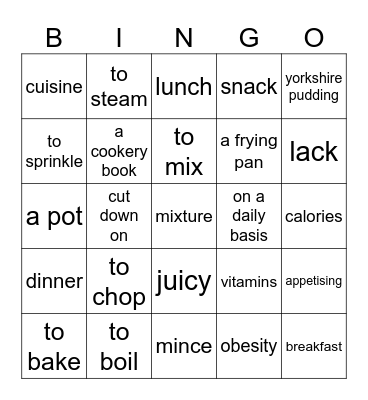 Culinary Bingo Card