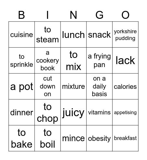 Culinary Bingo Card