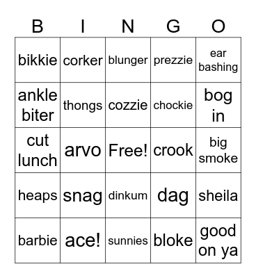 AUSSIE SLANG Bingo Card