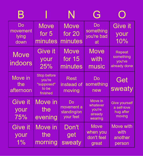 Feel Good Fitness Bingo Card