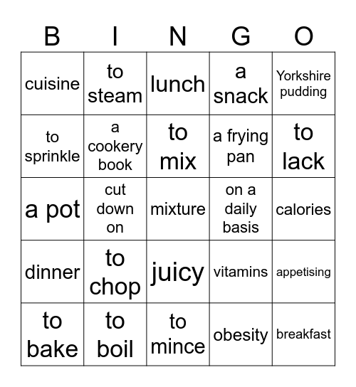 Culinary Bingo Card