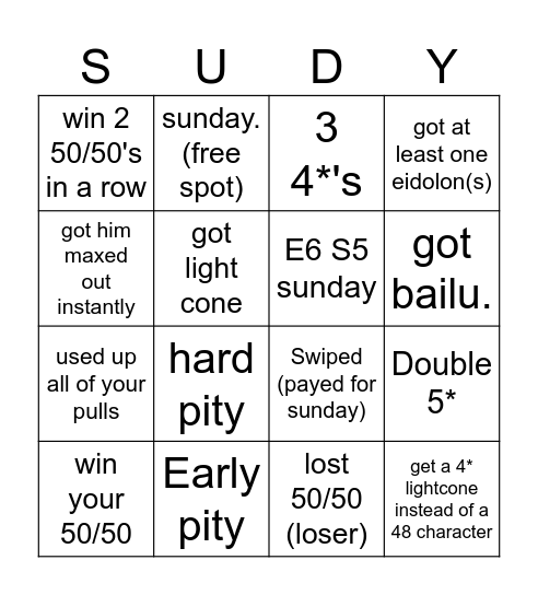 Sunday Bingo Card