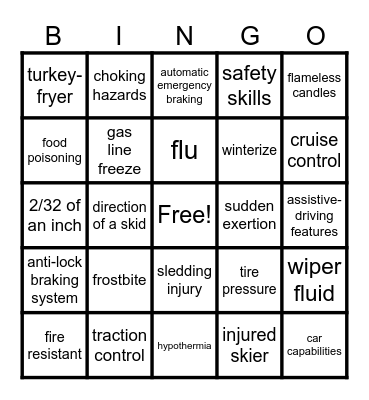 Holiday Safety BINGO Card