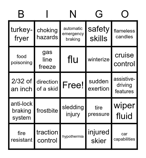 Holiday Safety BINGO Card