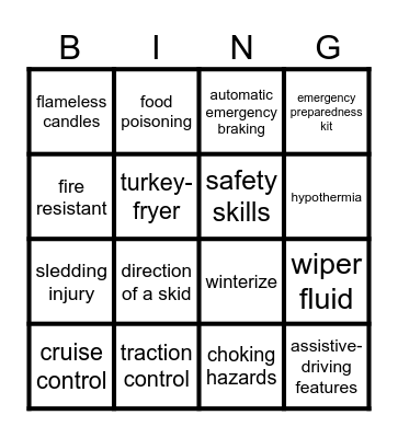 Holiday Safety BINGO Card