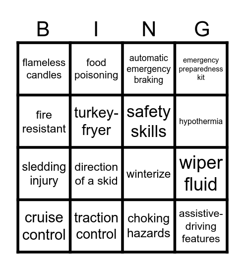 Holiday Safety BINGO Card