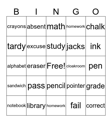 School  Days Bingo Card