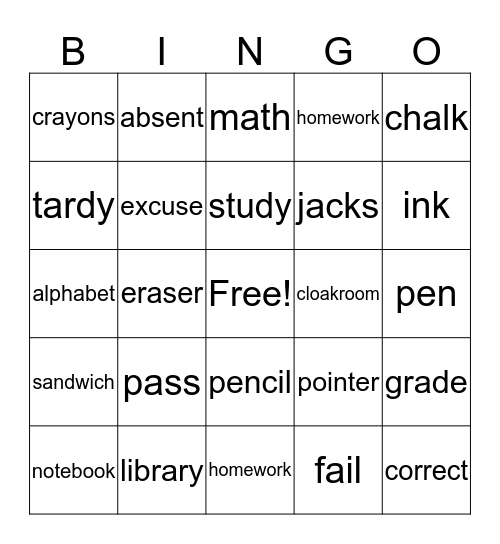 School  Days Bingo Card