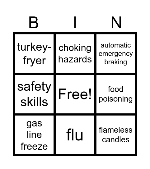 Holiday Safety BINGO Card