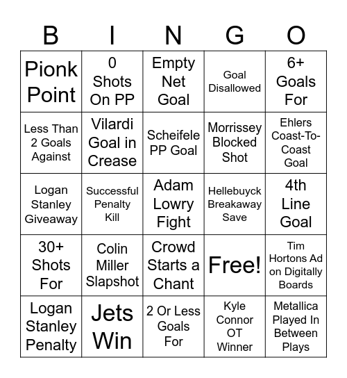 Winnipeg Jets Bingo Card