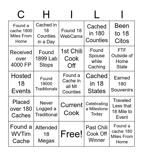 18th CHILI COOK OFF Bingo Card