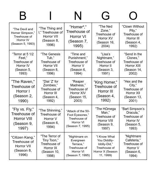 Best Segments from The Simpsons Treehouse of Horror Bingo Card