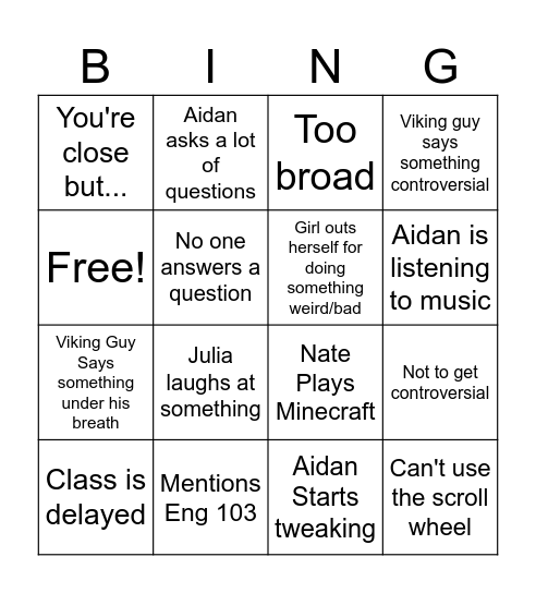 English 101 Bingo Card