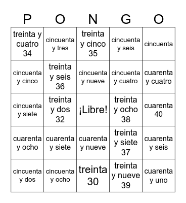 Exploratory Spanish - Numbers (30-60) Bingo Card