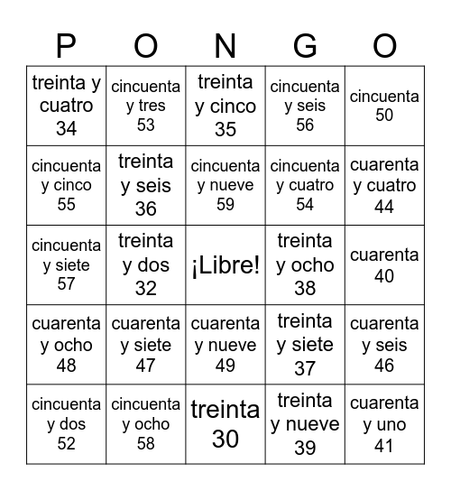 Exploratory Spanish - Numbers (30-60) Bingo Card