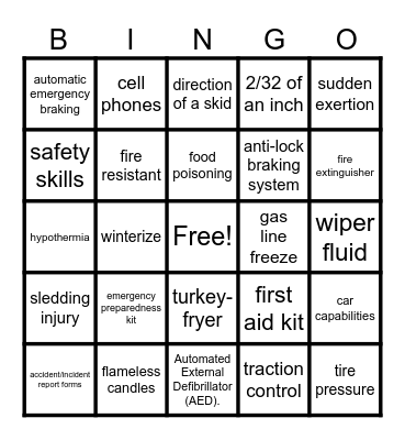 Holiday Safety BINGO Card