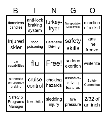 Holiday Safety BINGO Card