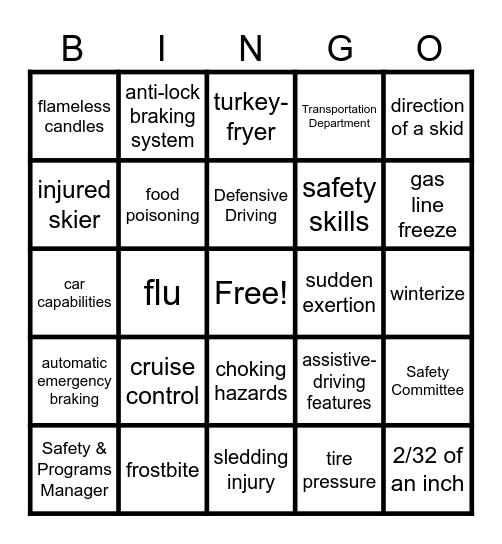 Holiday Safety BINGO Card