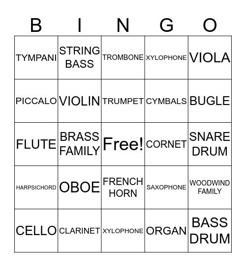 musical instruments Bingo Card