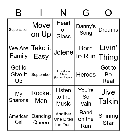 70s Music Bingo Card