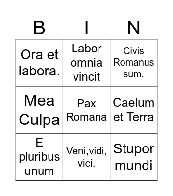 Latin Bingo Card