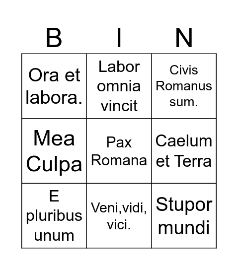 Latin Bingo Card