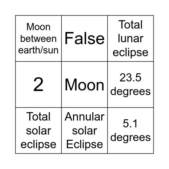 Eclipses Bingo Card