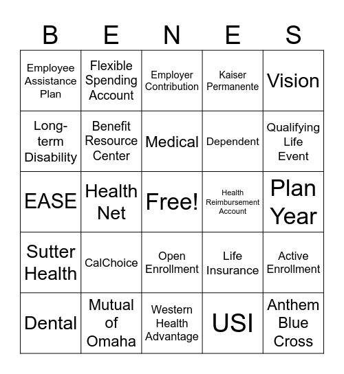 Benefits Bingo Card