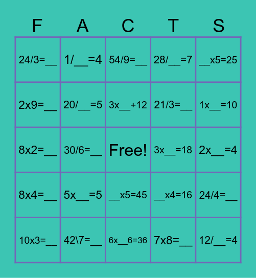 Multiplication and Division Facts Bingo Card