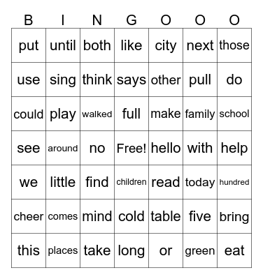 Unit 1 Sight Words Bingo Card