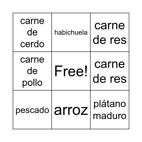 Comida de Cena Bingo Card