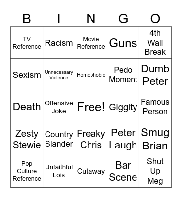 Family Guy Bingo Card